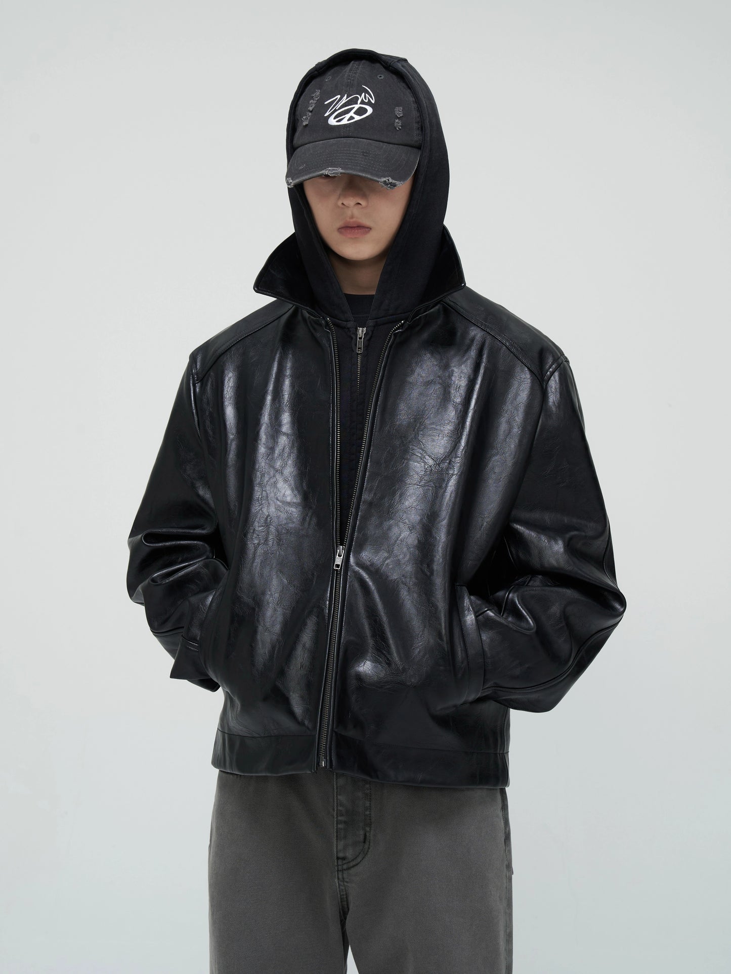 Retro Heavyweight Oil Wax Black PU Leather Jacket