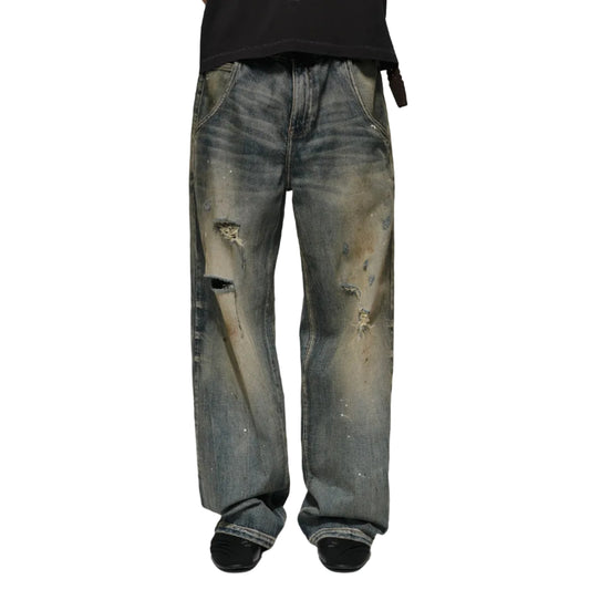 Straight Wash Dirty Ripped Jeans