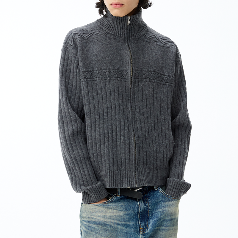 Jacquard Texture Zipper Cardigan