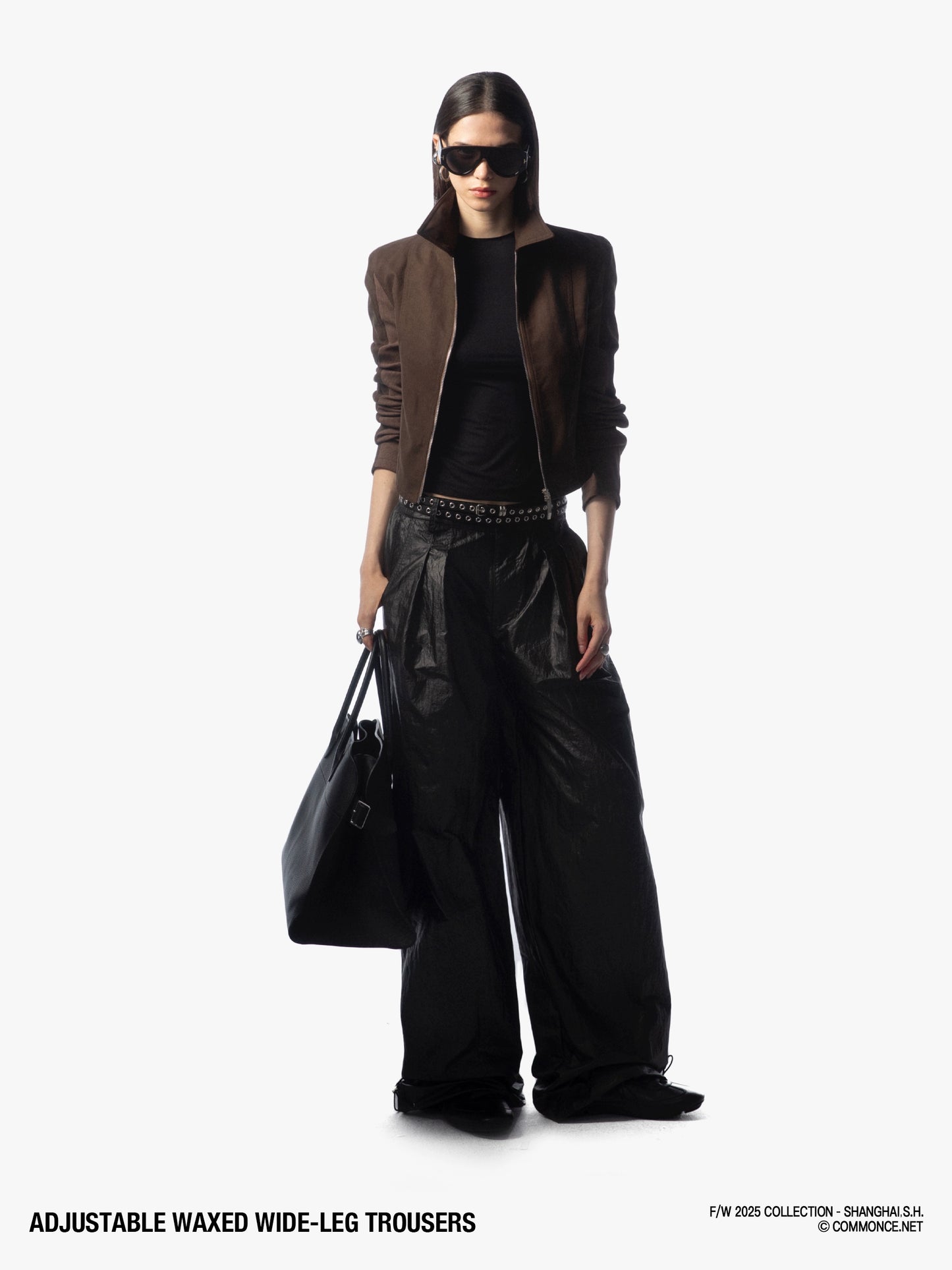 Drawstring elastic waist oil-coated wide-leg pants