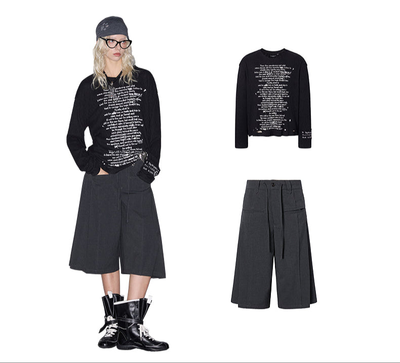 Loose-leaf pleated lace-up striped shorts