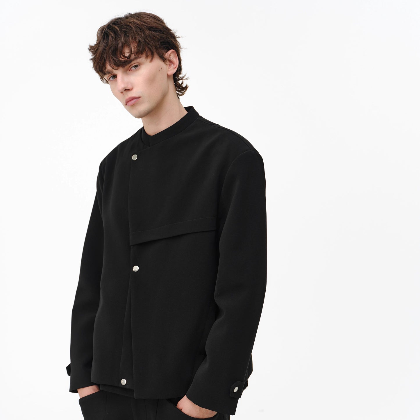 Stand-up collar deconstructed multi-snap jacket