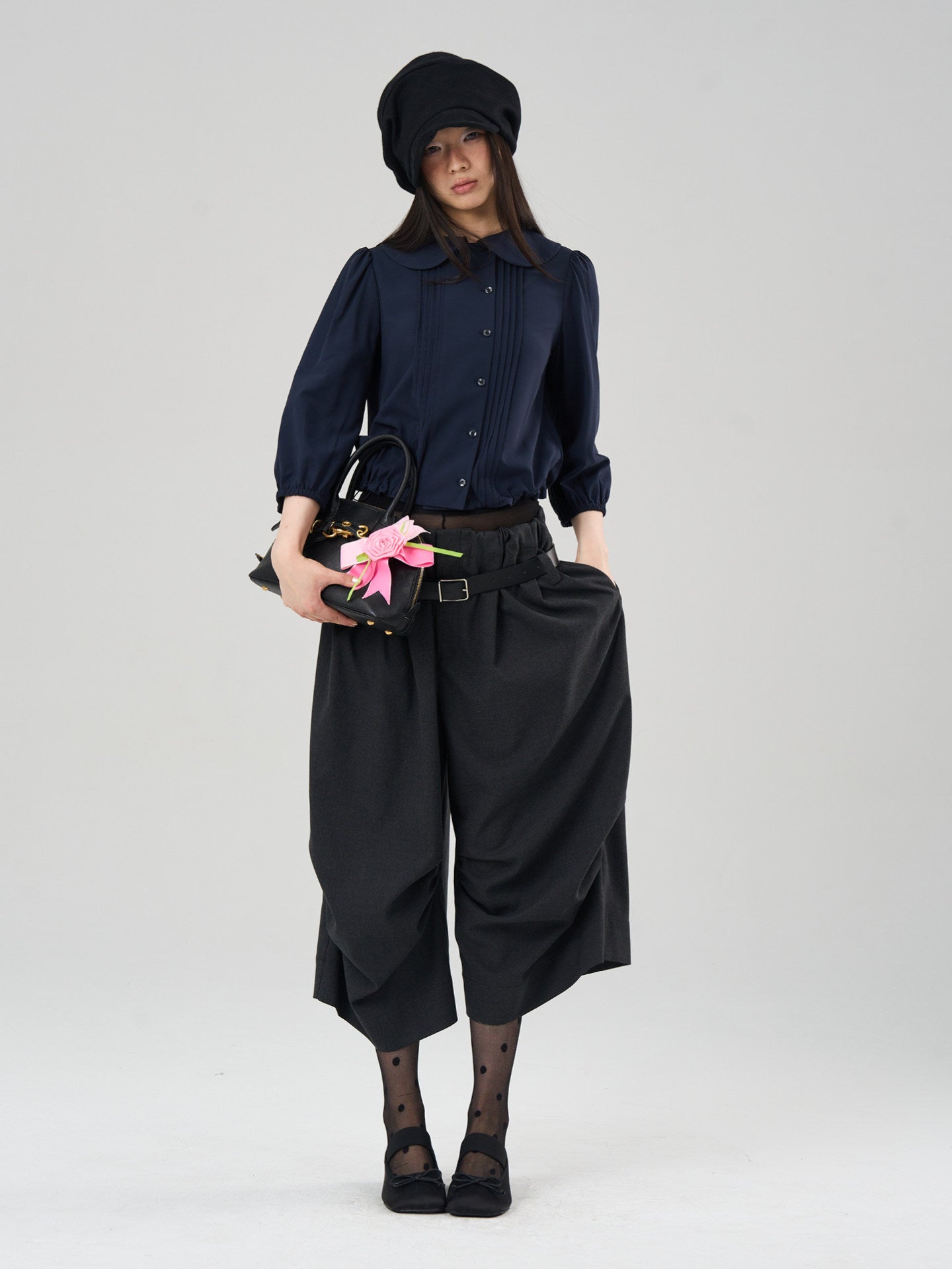 Drape Knee-Pleated Balloon Casual Cropped Pants
