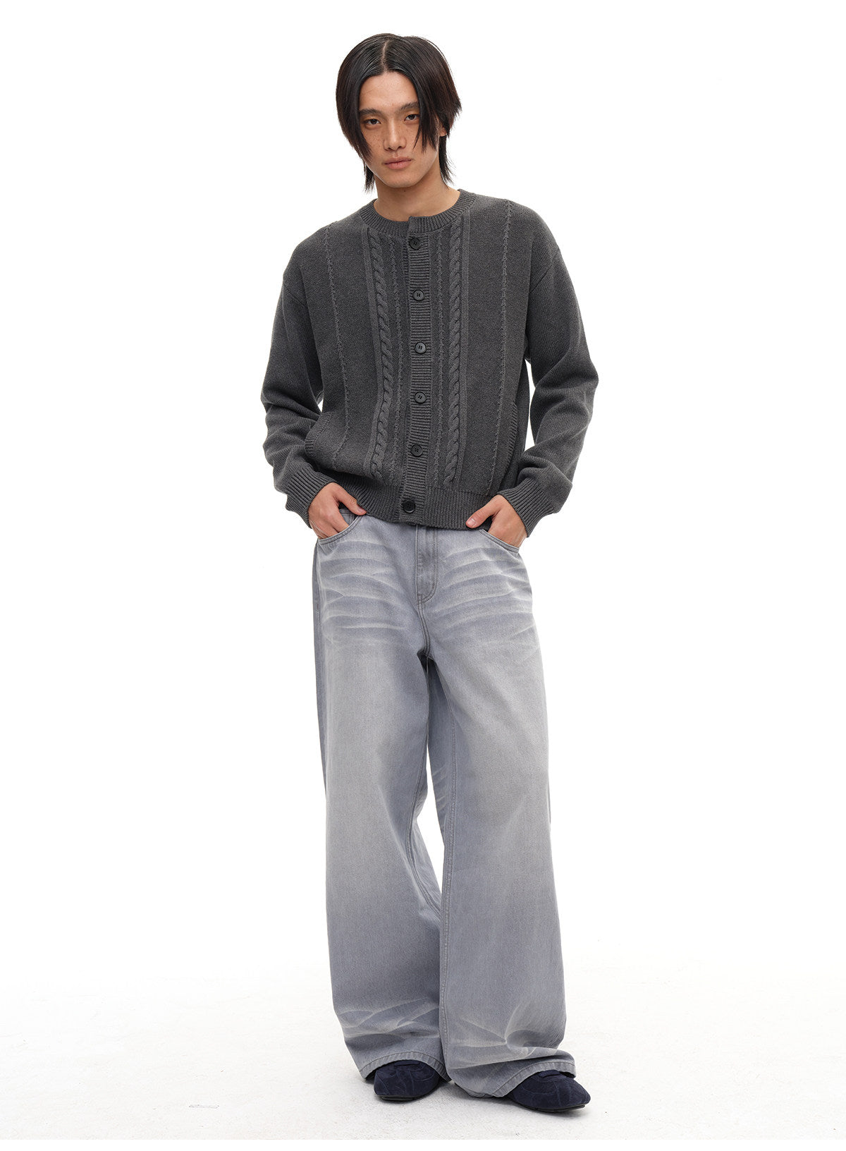 Cable crew neck cardigan