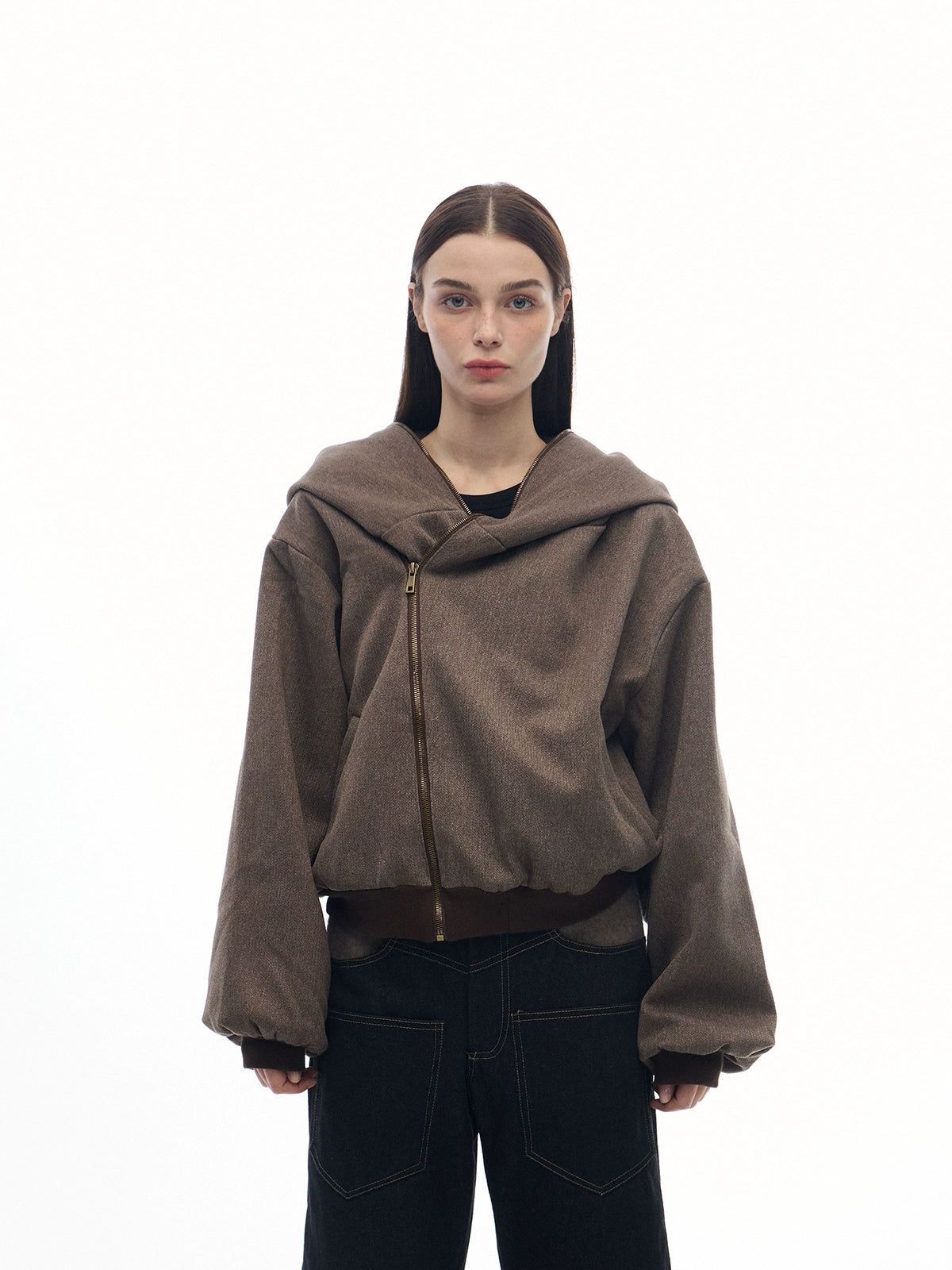 "Mystery Palace" grit linen brown reversible layered jacket