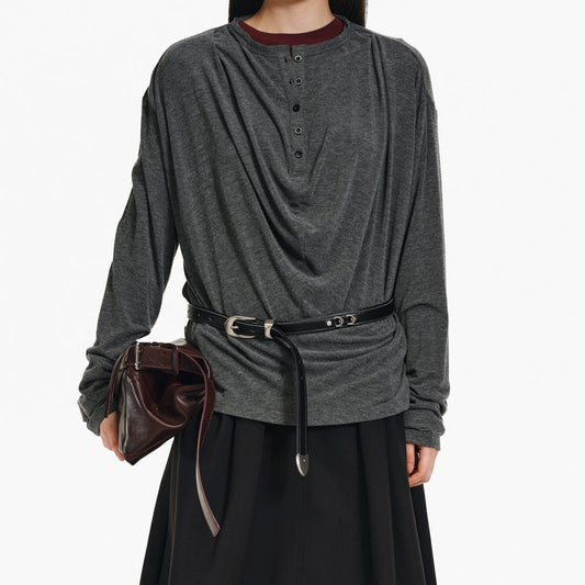 3D Pleats Draped Long Sleeve T-shirt