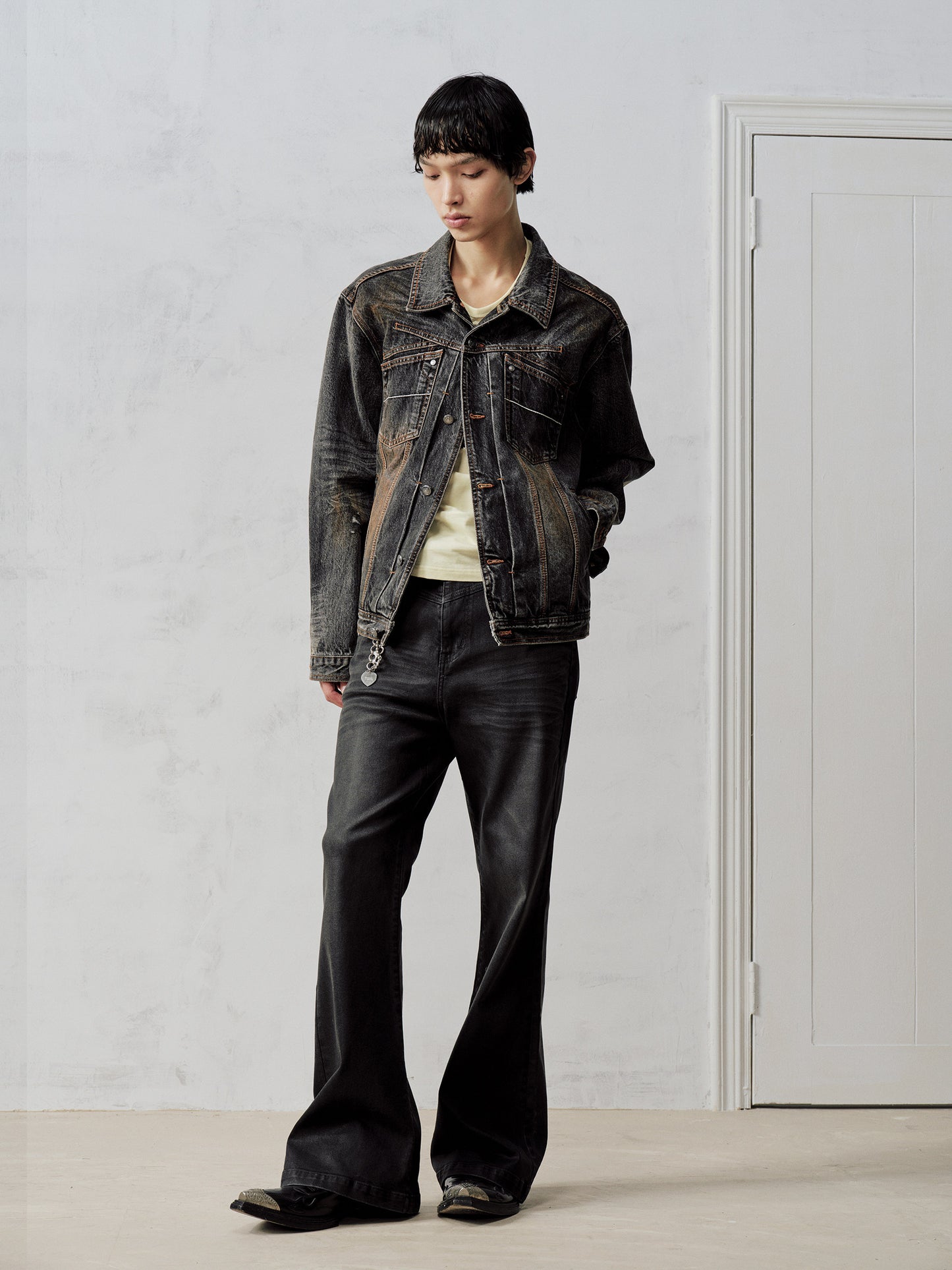 Wax coating bootcut jeans