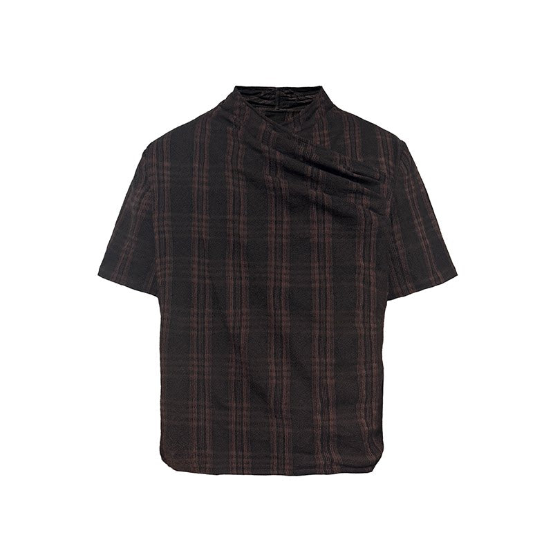 Pleated cross-neck plaid short sleeve t-shirts