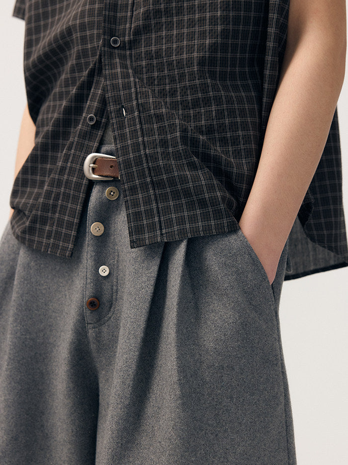 Plaid slouchy scarf-neck short-sleeved shirt
