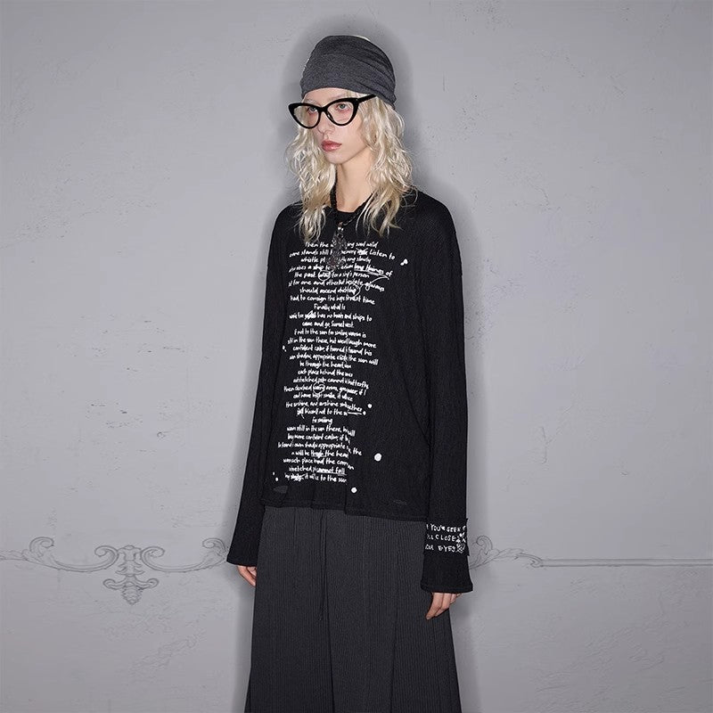 Pleated letter slogan long sleeve T-shirt