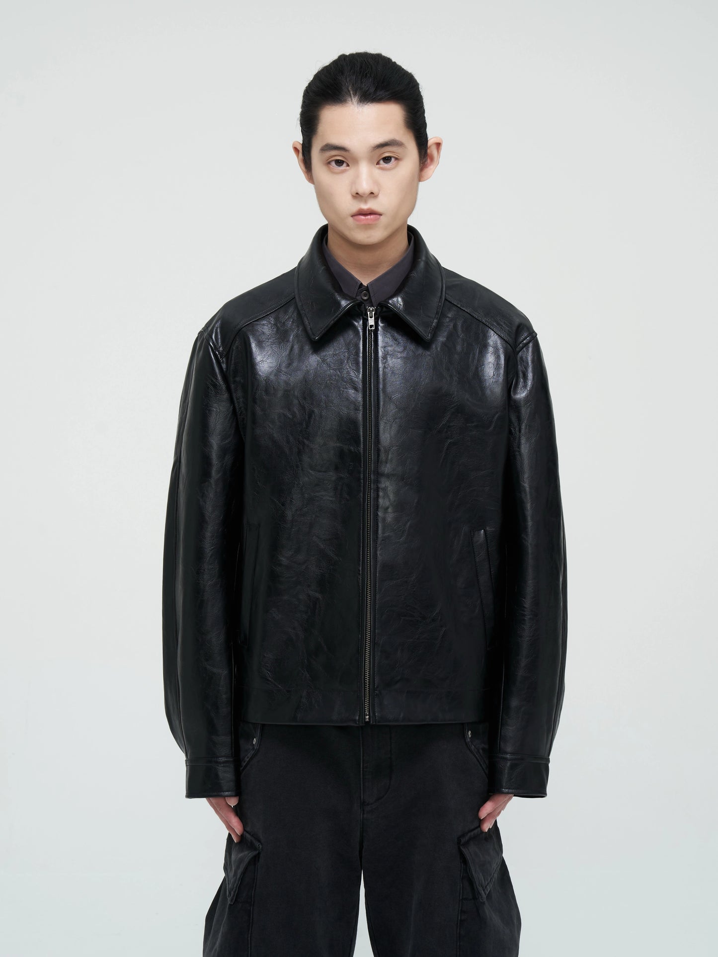 Retro Heavyweight Oil Wax Black PU Leather Jacket