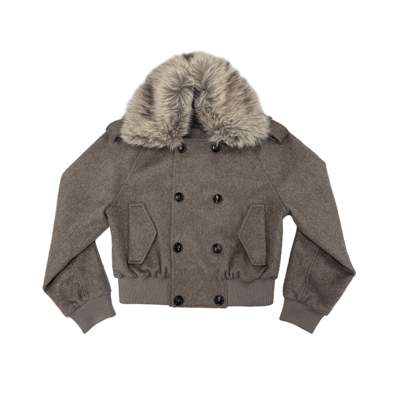 Detachable Fur Collar Double-breasted Cropped Tweed Jacket