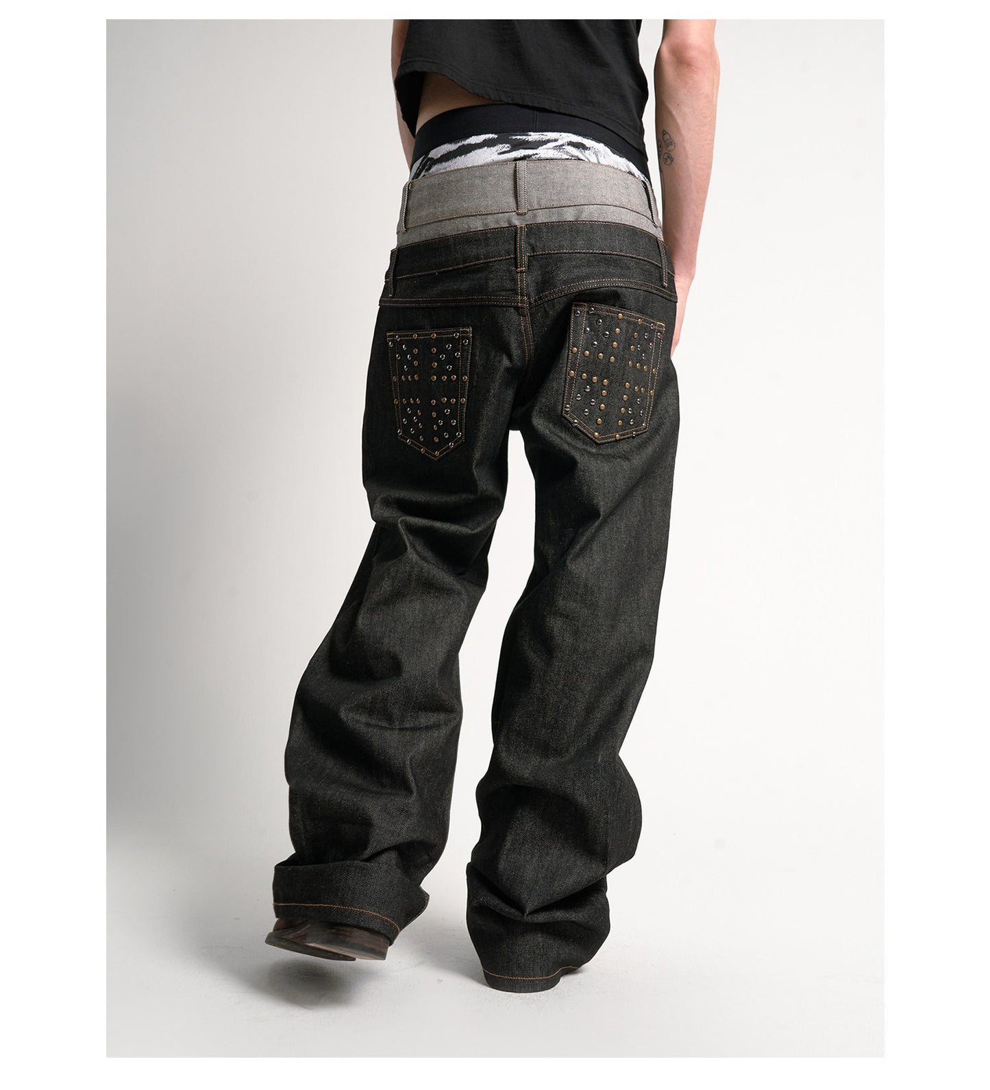 Double waist cuffed straight jeans