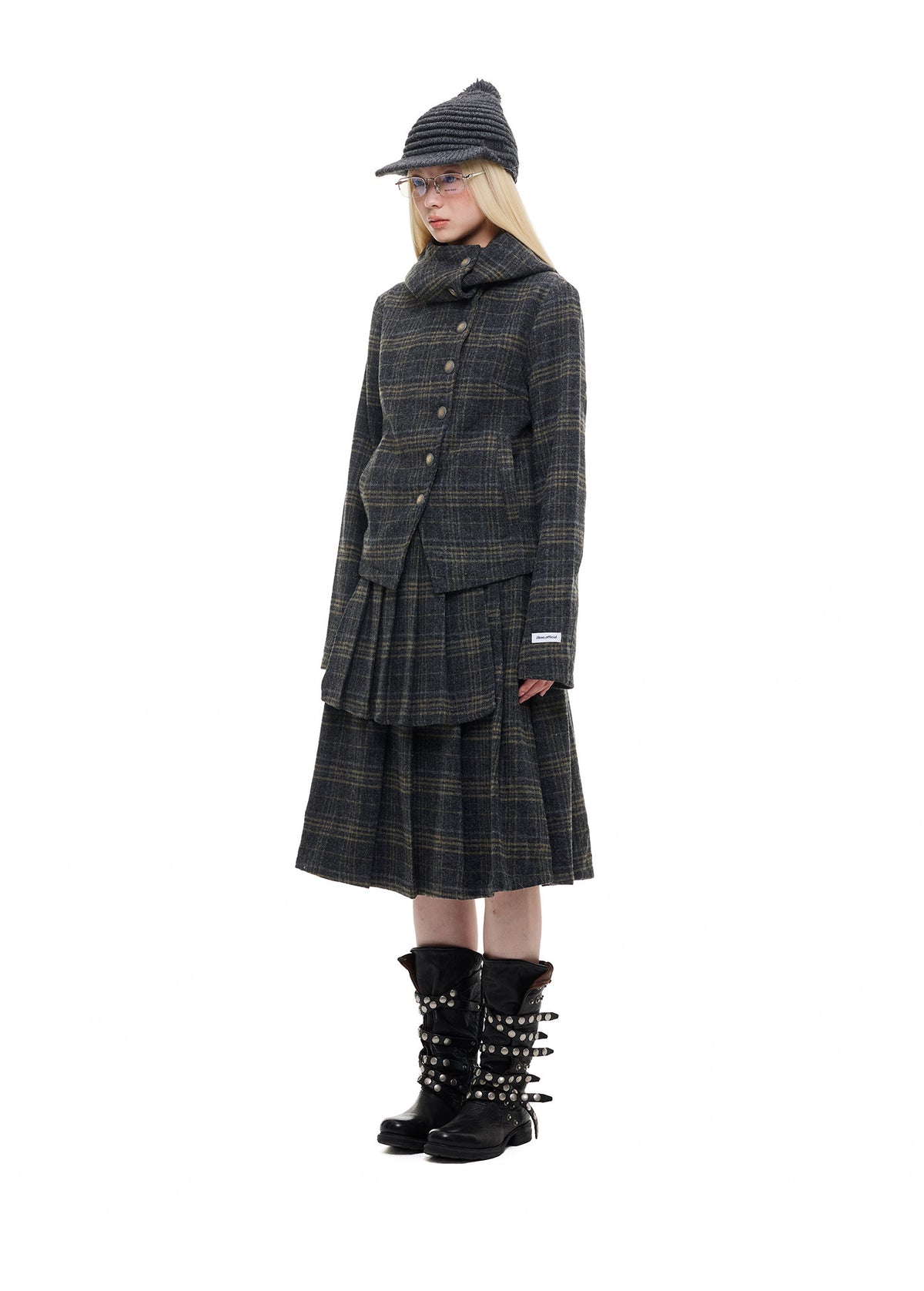 Wool Plaid Irregular Hooded Short Jacket