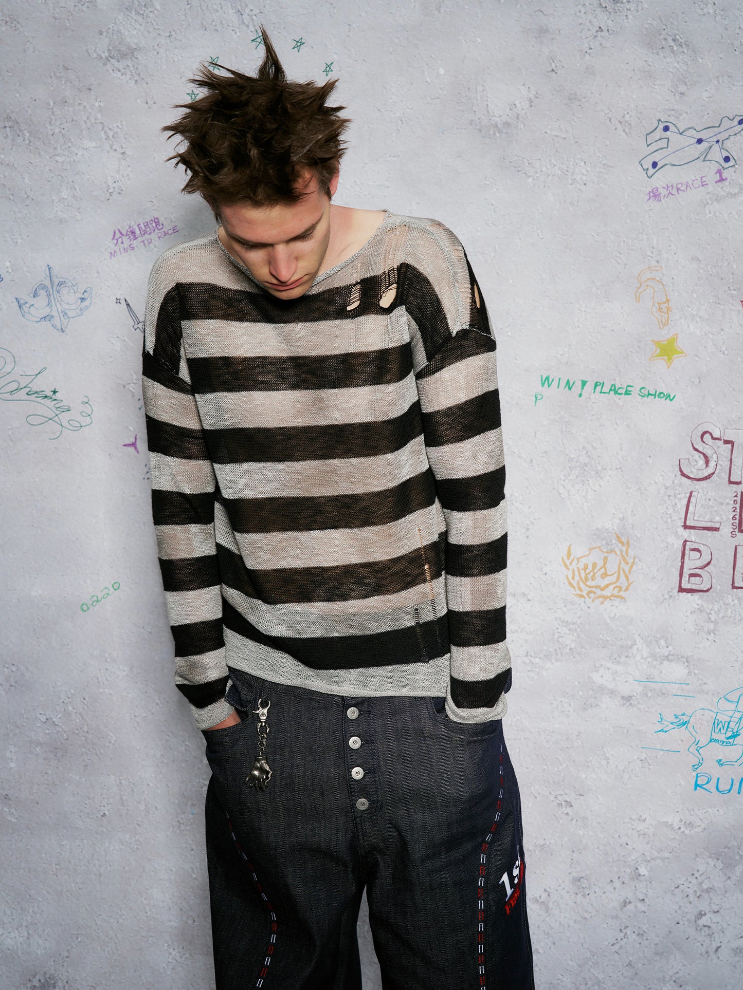 Striped stained dye long sleeve T-shirt