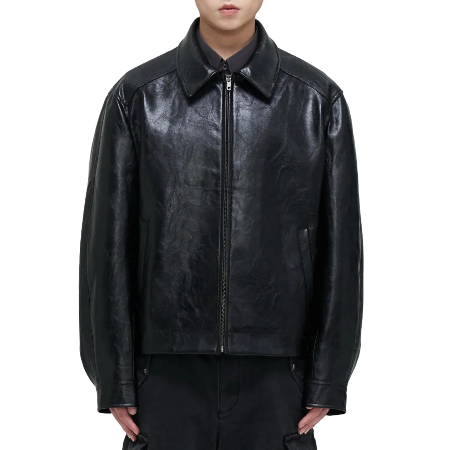 Retro Heavyweight Oil Wax Black PU Leather Jacket