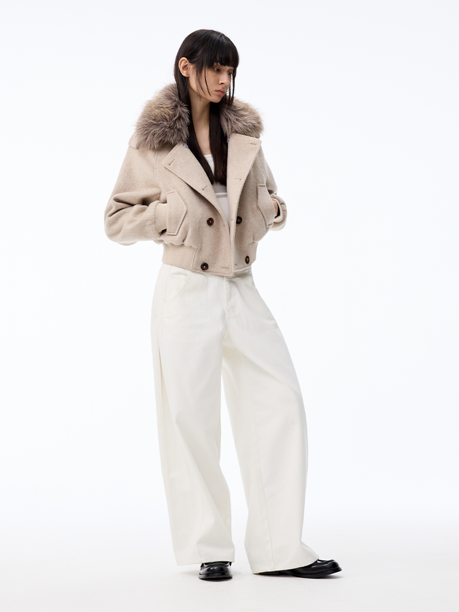 Detachable Fur Collar Double-breasted Cropped Tweed Jacket