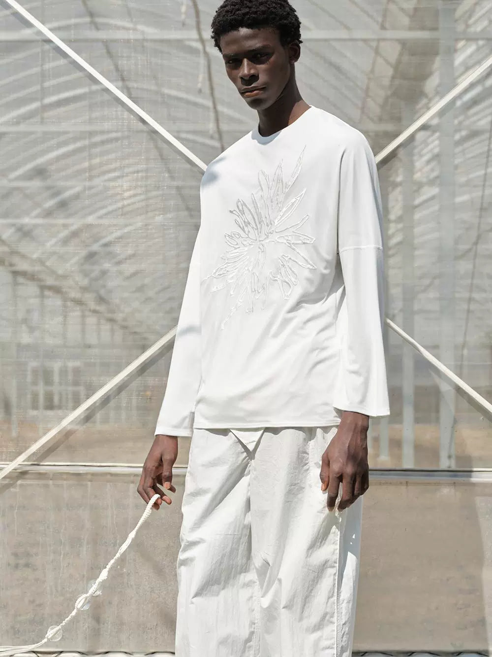 mesh embroidery double layer long-sleeve t-shirt