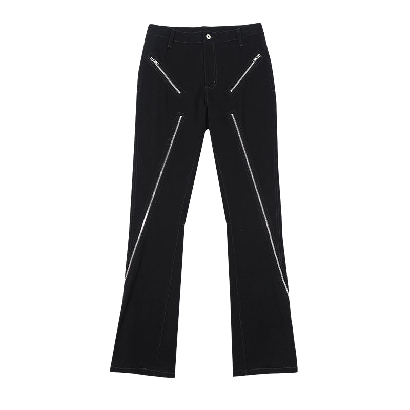washed slim zipper flared trousers
