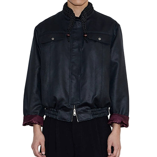 Knitted Collar Woven Collar Leather Jacket