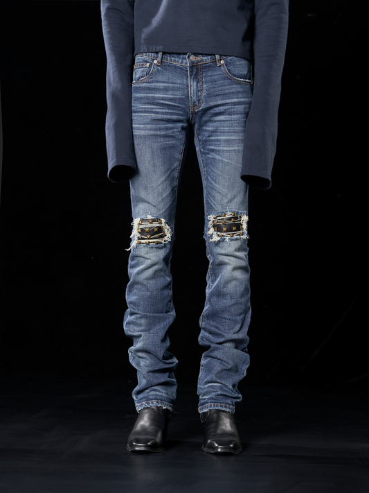 leather rivet slim fit jeans