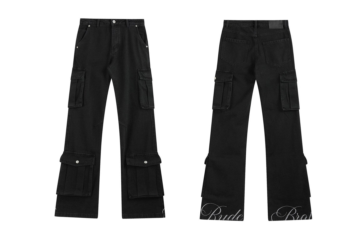 embroidered black distressed washed slim-fit bootcut denim overalls