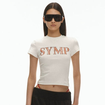 Distressed print stretch short-sleeved T-shirt
