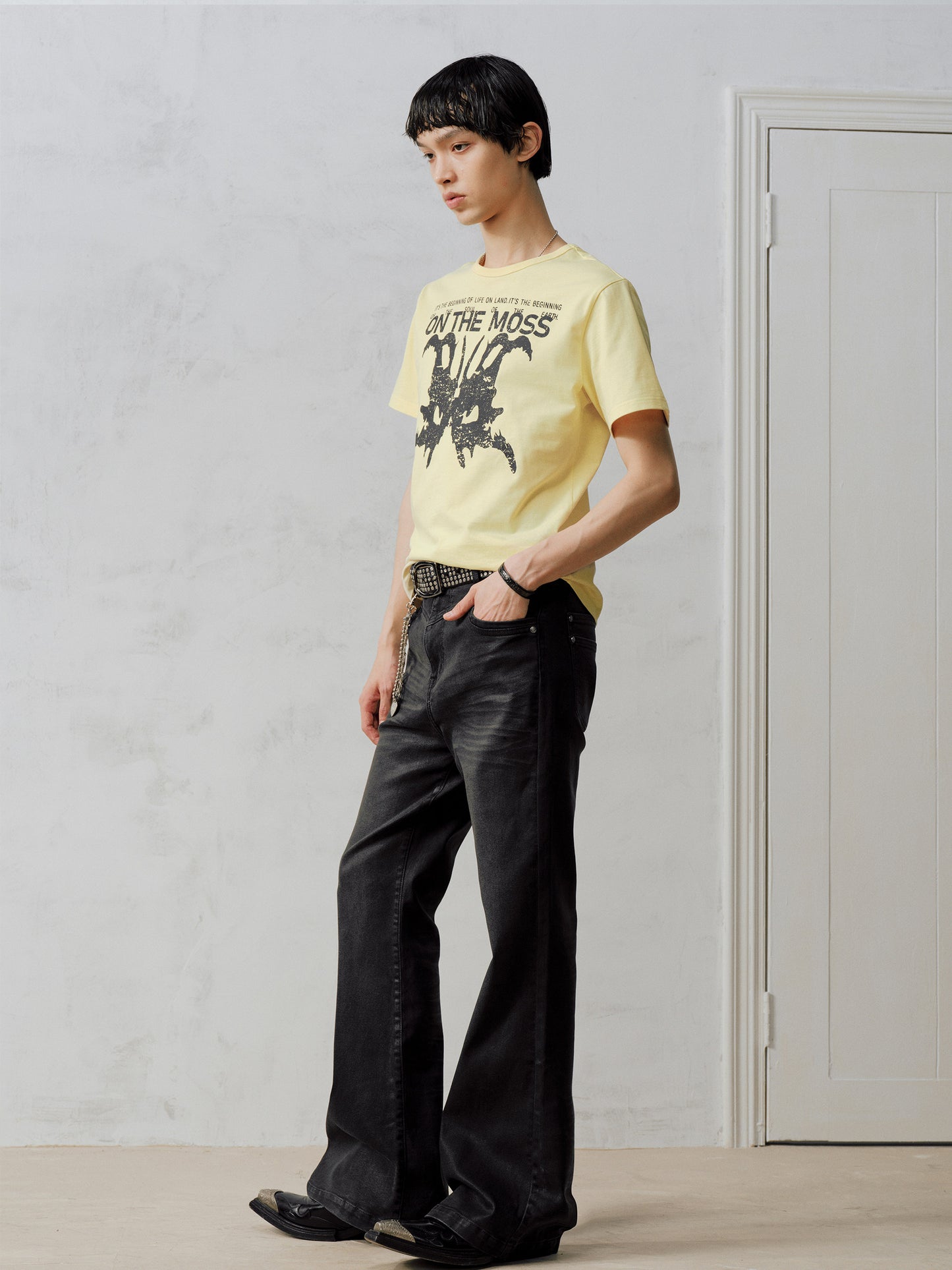 Wax coating bootcut jeans