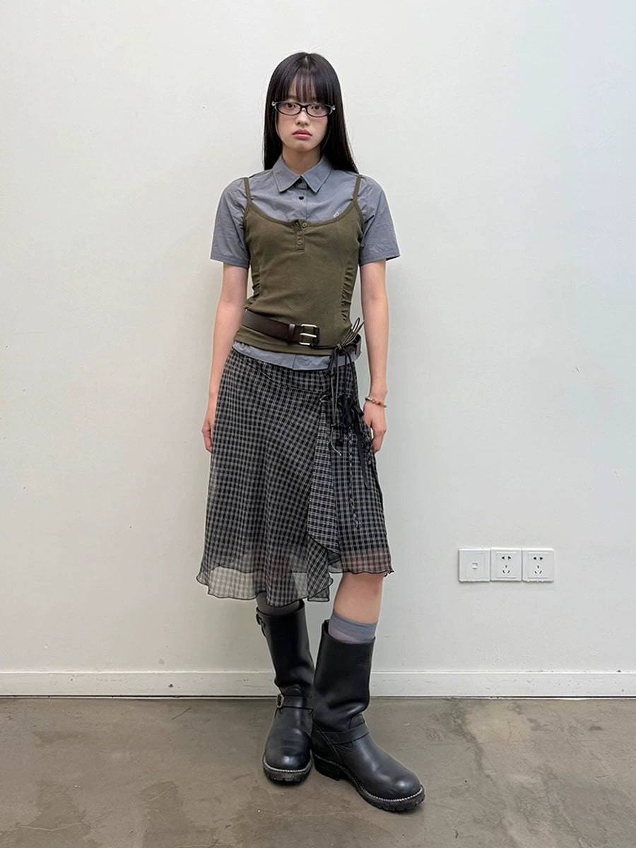PANELLED DOUBLE-TIERED CHECKED SKIRT