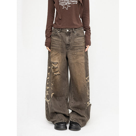 OCTTFLAB Distressed Ink Splash Wide Leg Jeans