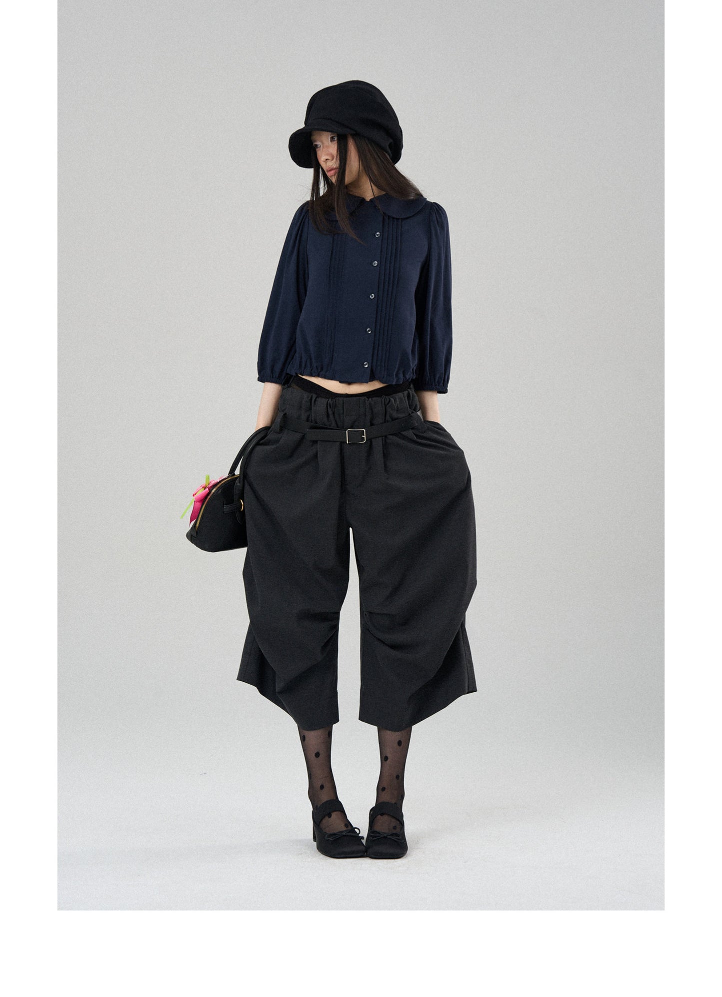 Drape Knee-Pleated Balloon Casual Cropped Pants