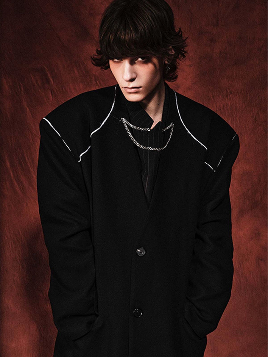 Wool Yoke Chain Padded Shoulder Heavy Coat