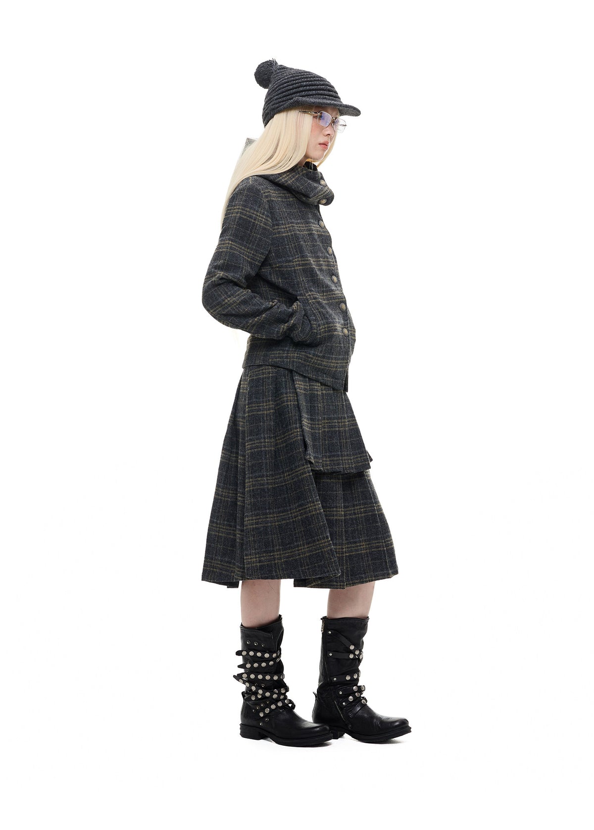 Wool Plaid Irregular Hooded Short Jacket