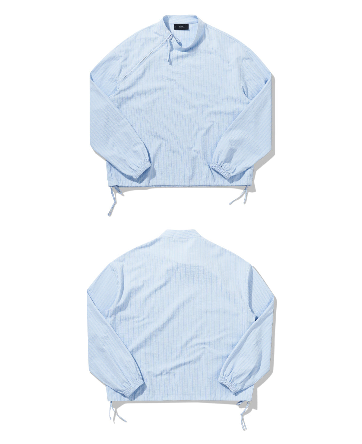 Two-tone striped textured bias neckline zip-up shirt