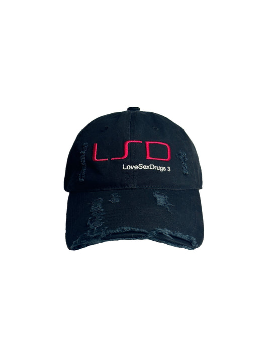 DISTRESSED WASHED BLACK HEAVILY EMBROIDERED LSD CAP