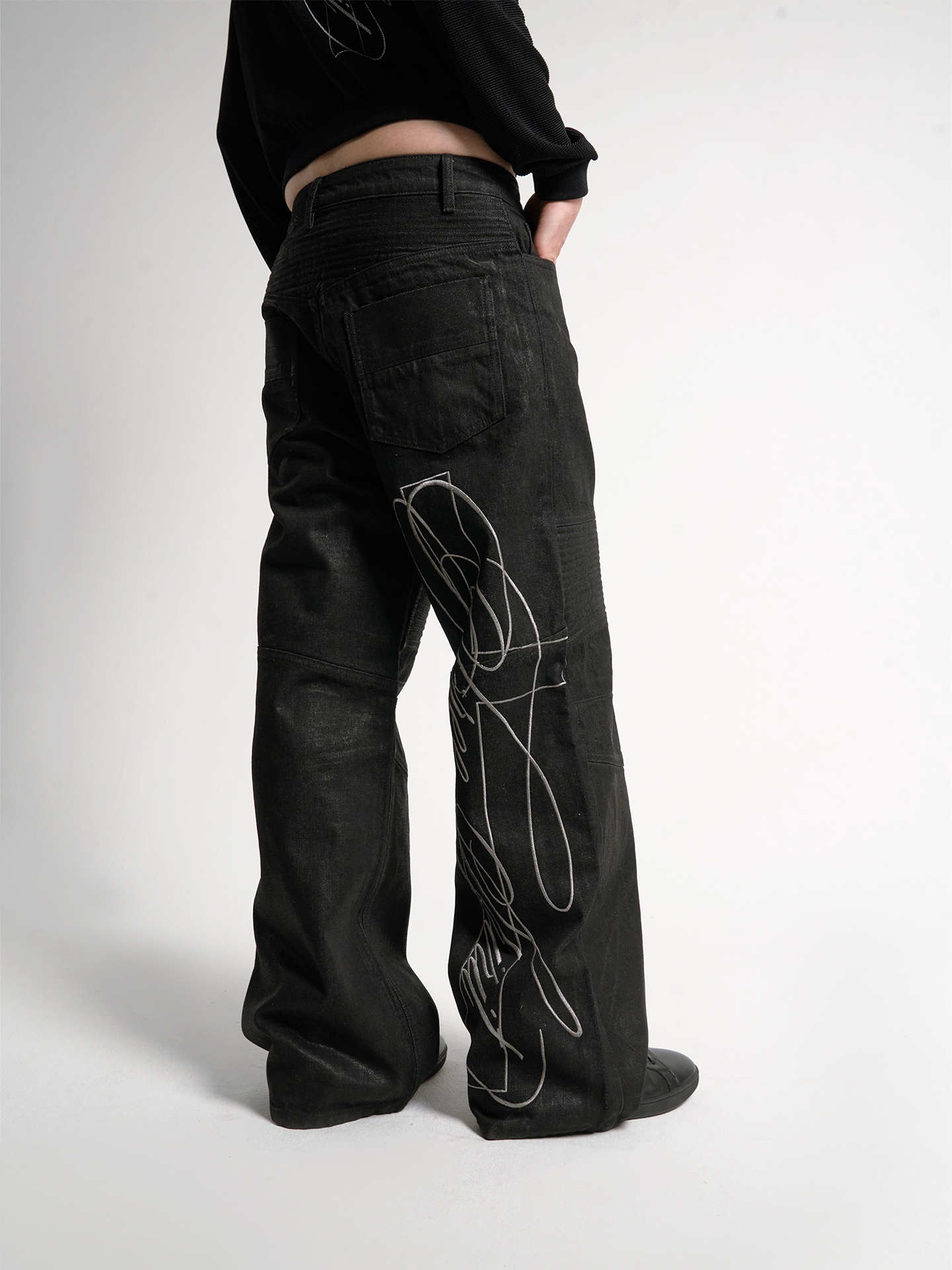 Wax Embroidery Heavy Biker Jeans
