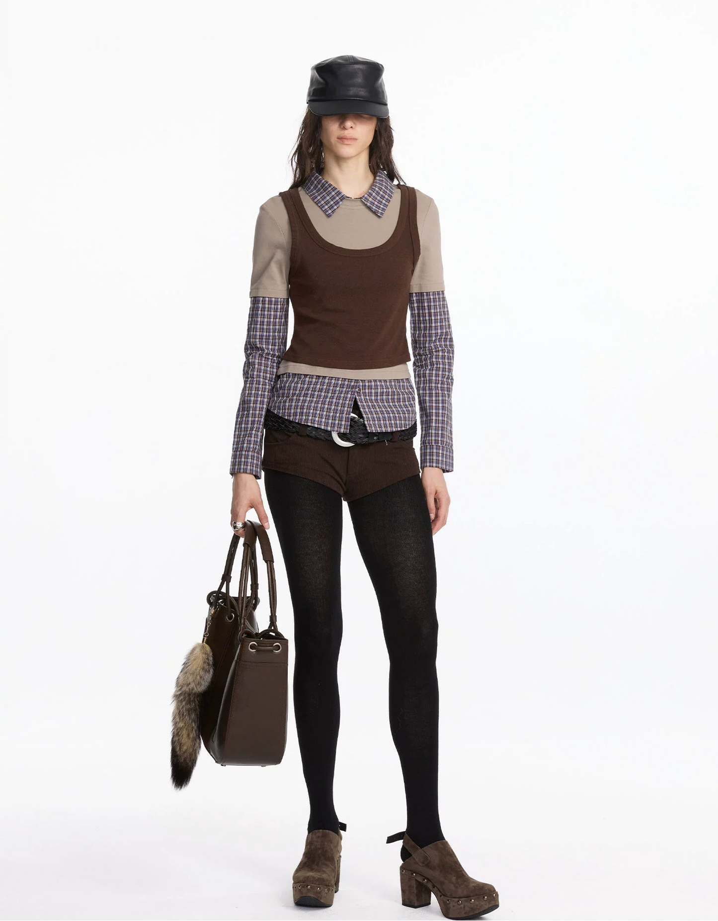 Fake Layered Plaid Polo Long Sleeve T-shirt