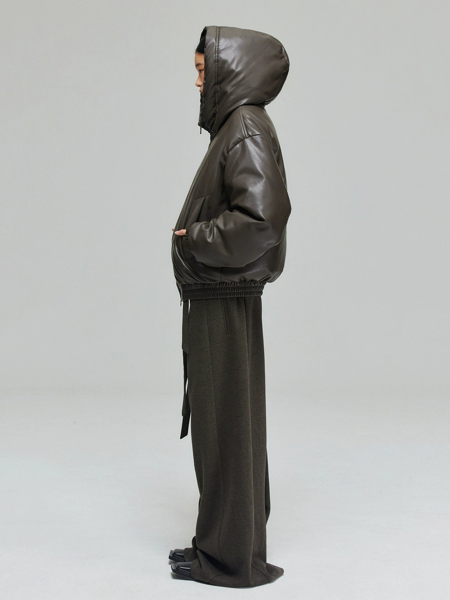 Twisted Wire Hooded Leather Puffer Jacket