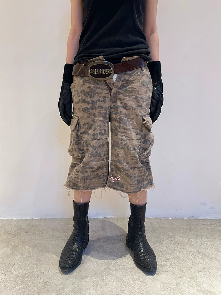 Seven-Point Distressed Camo Cargo Shorts