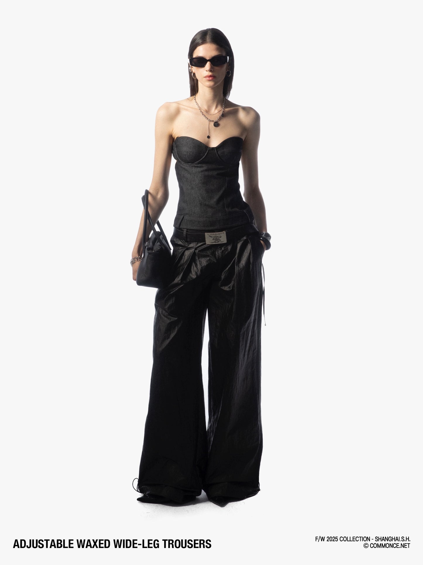 Drawstring elastic waist oil-coated wide-leg pants
