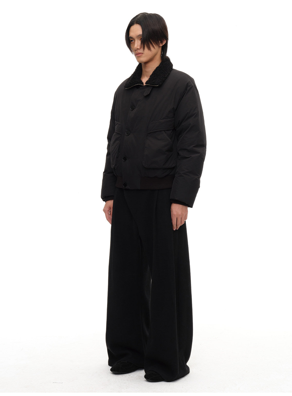 Fur Collar Slip Pocket Buttoned Down Jacket