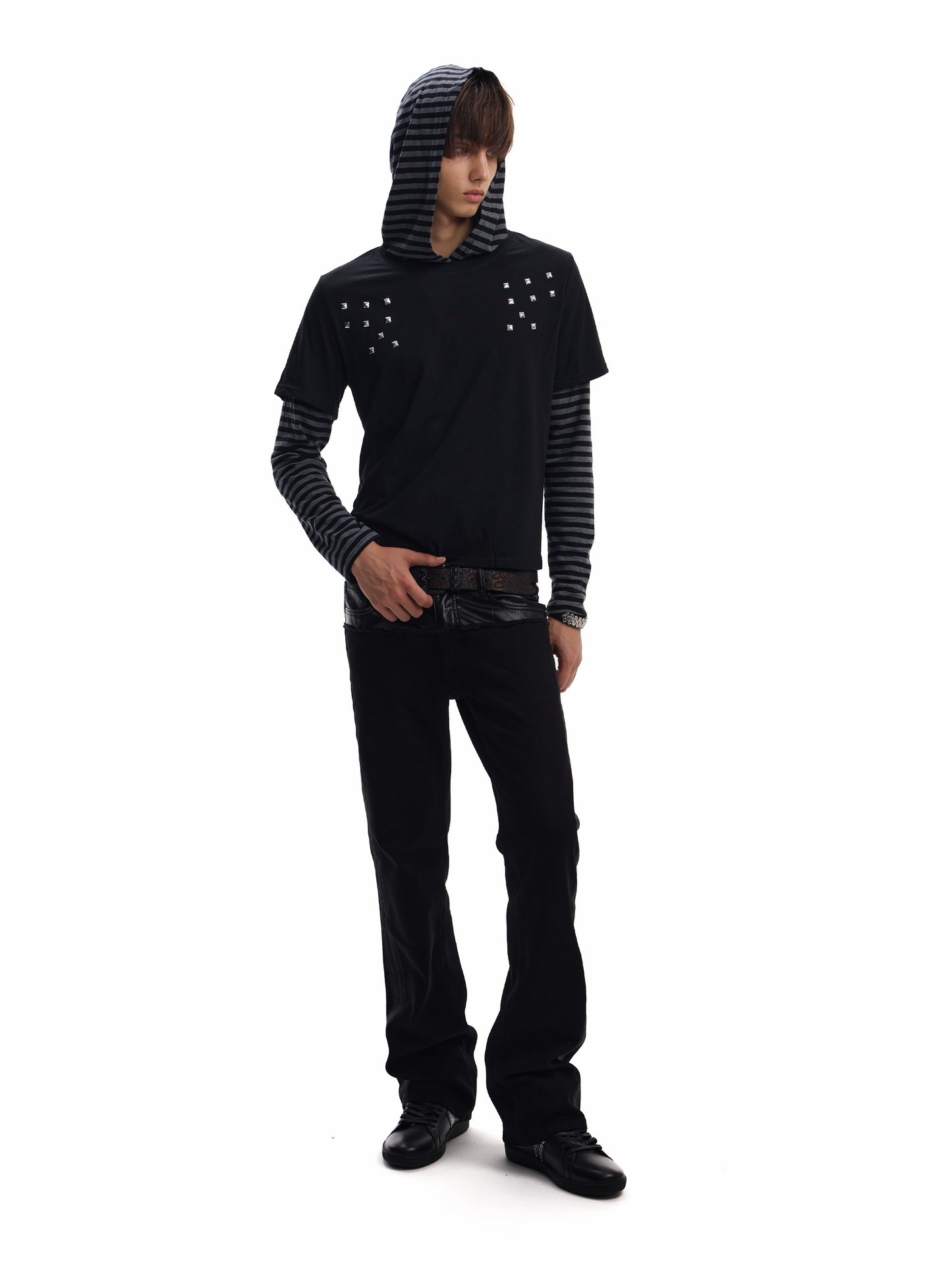 Hooded fake layered striped long sleeve