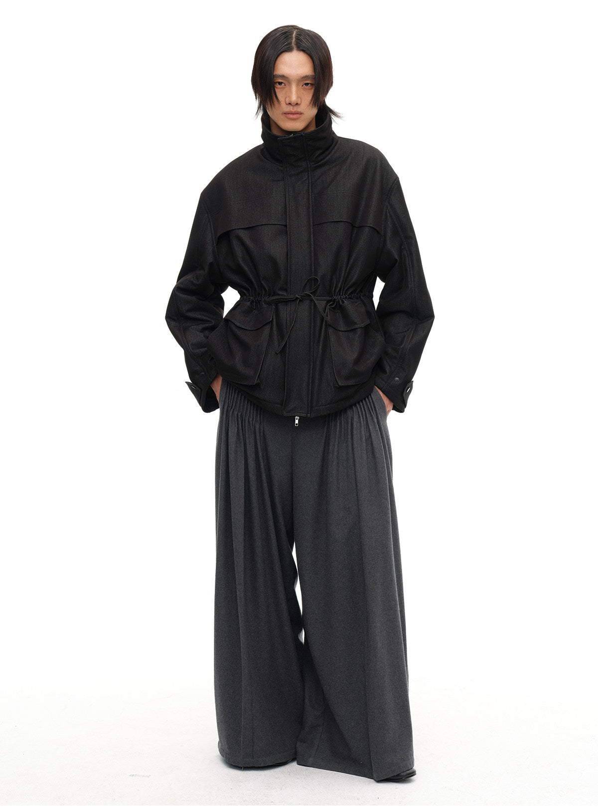 Double belt pleated wool trousers