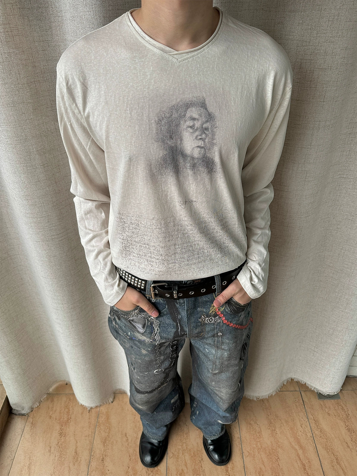 "Studio" sketch sheer long sleeve T-shirt