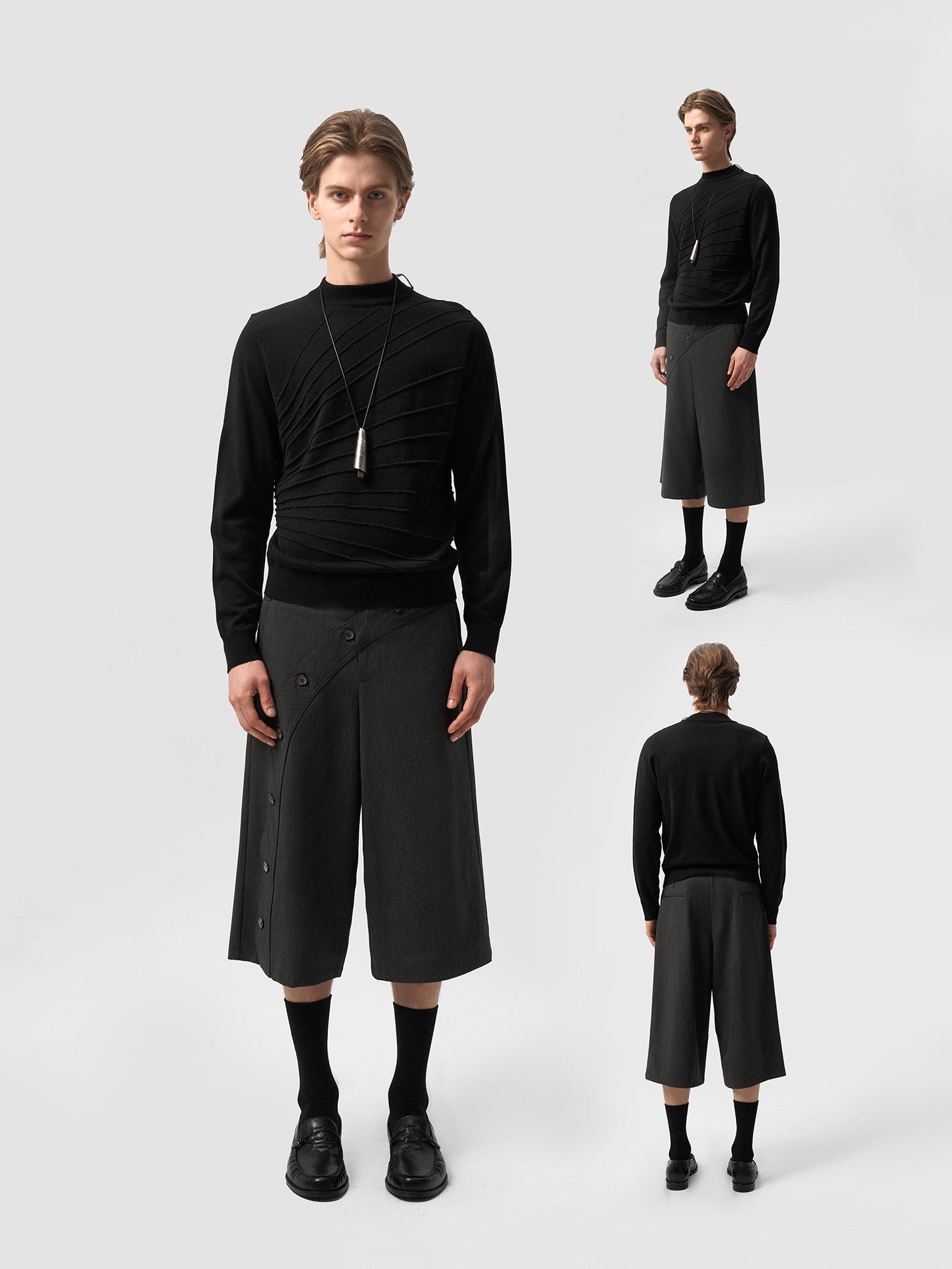 Slanted button 3D Cut Suit Shorts