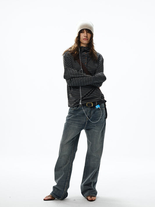 Striped polo hooded long sleeve T-shirt