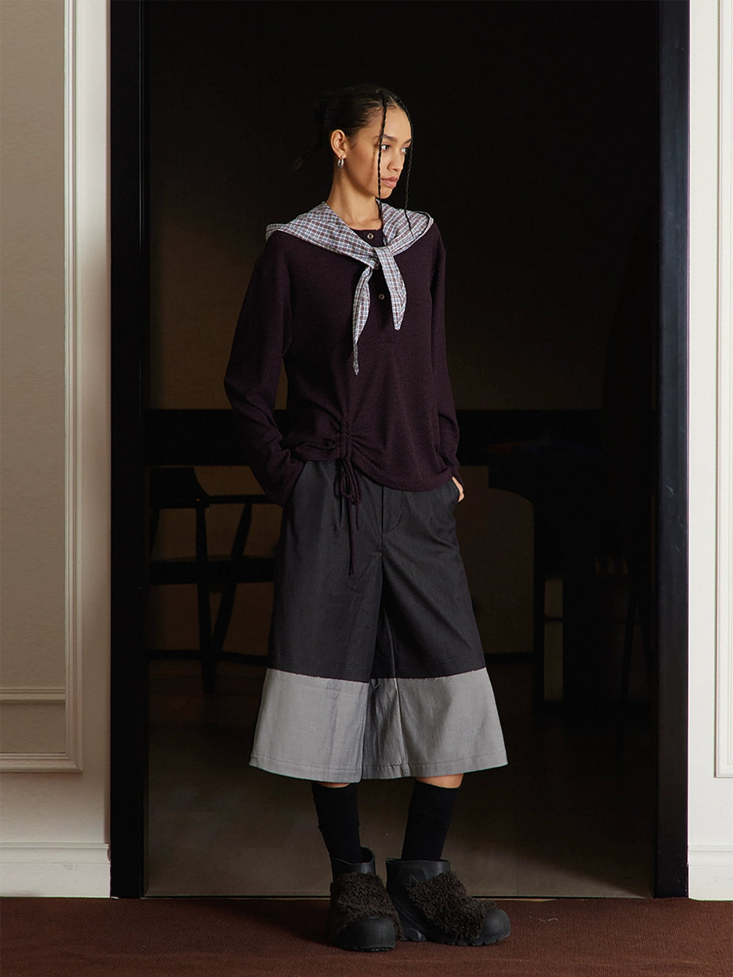 Plaid Hooded Long Sleeve T-shirt