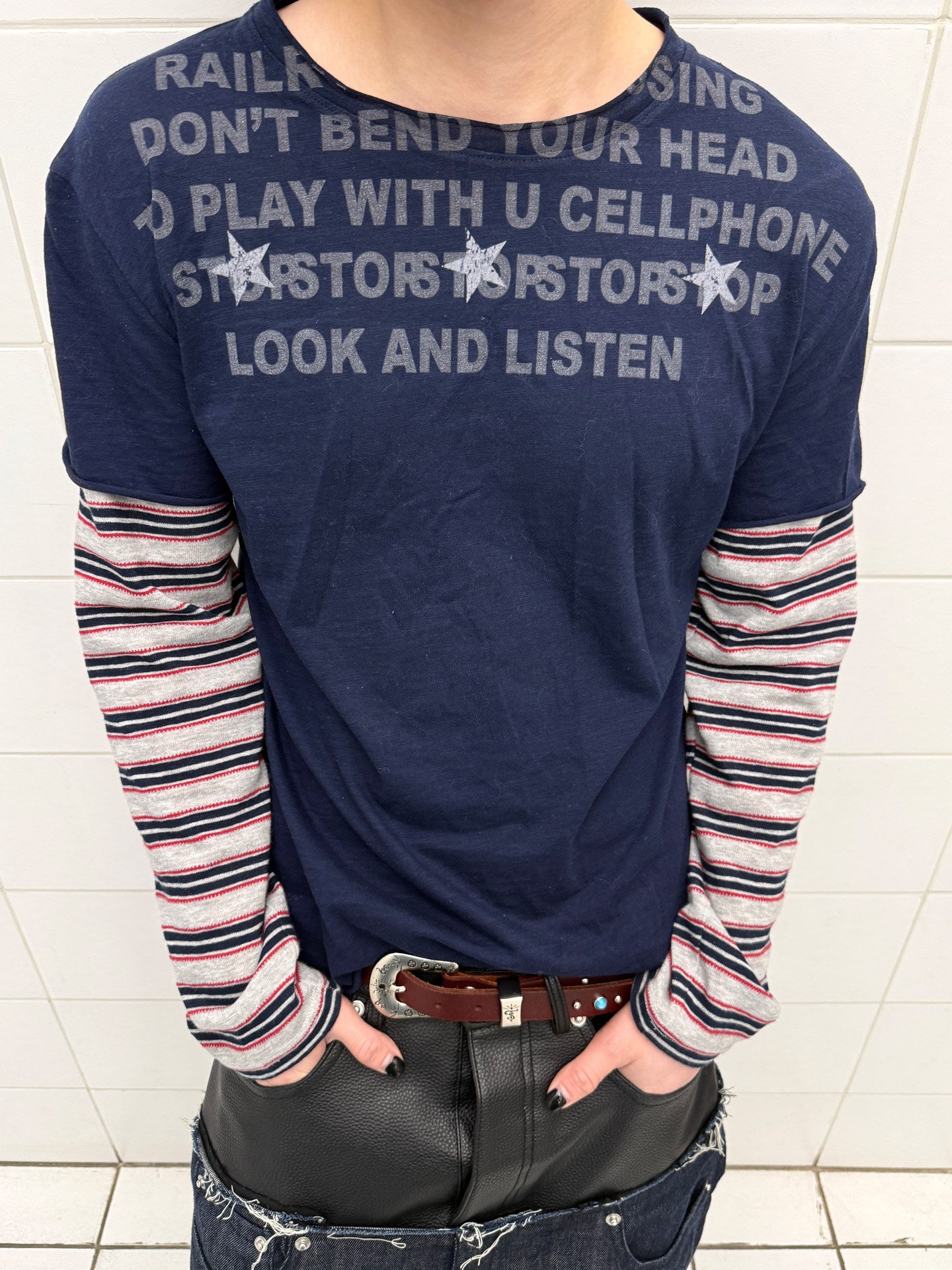 Stripe Stitching Fake Layered Long Sleeve T-Shirt