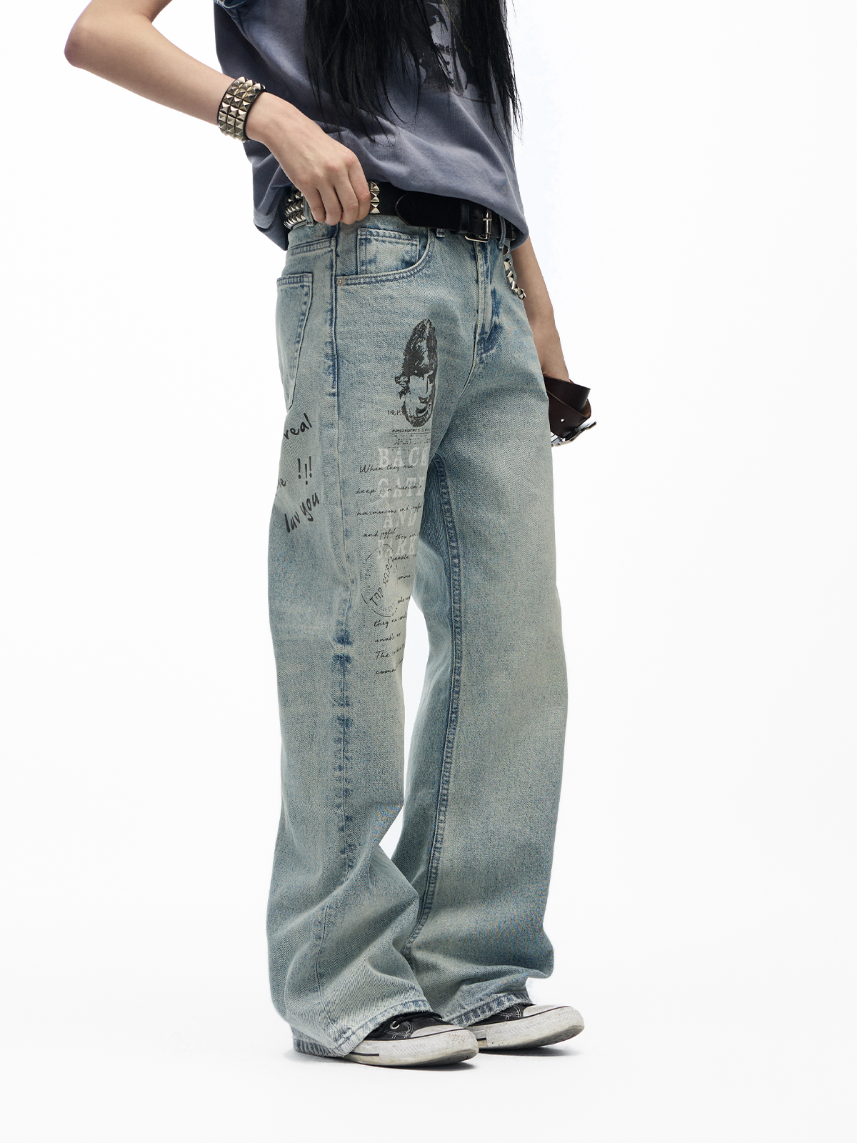 side studs washed bootcut jeans