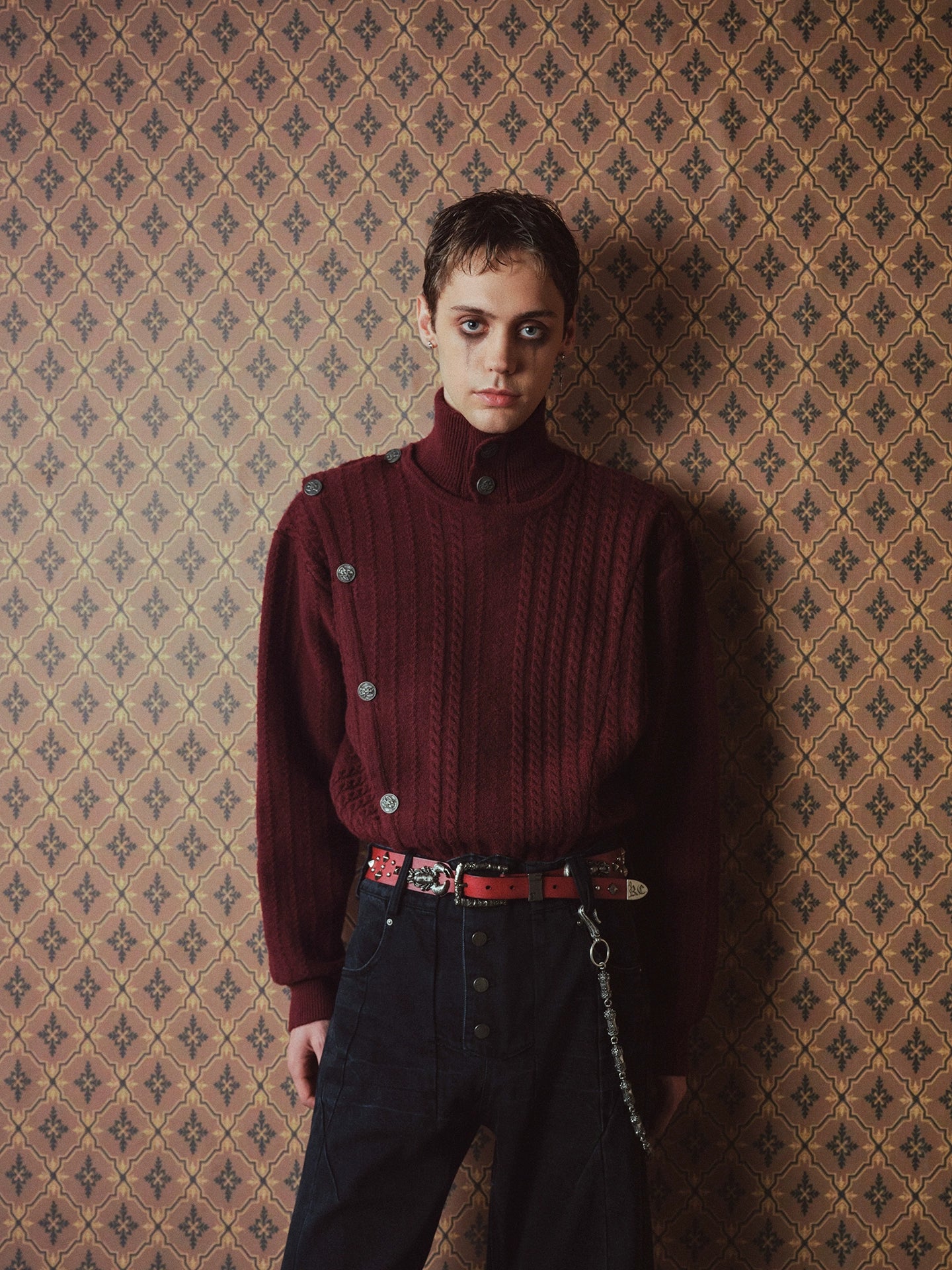 Burgundy Metal Buckle Fencing Turtleneck Knit